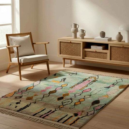 Tapis berbère Beni Ouarain coloré • Motifs ethniques sur fond vert