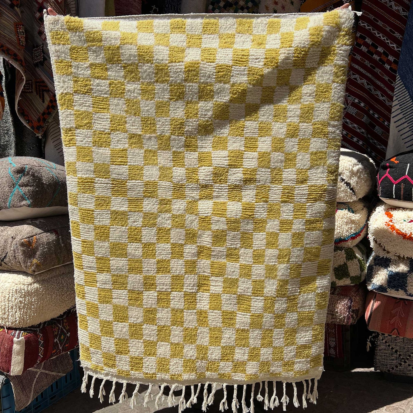 Tapis berbère Beni Ouarain • Motif damier vert citron et jaune