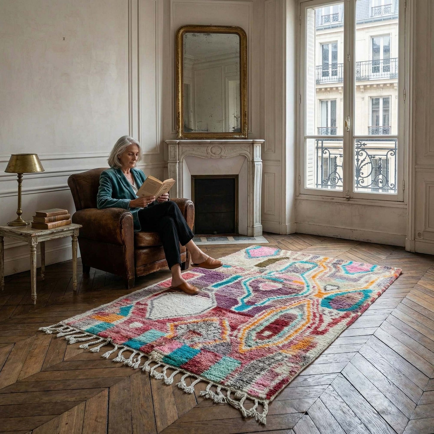 Tapis berbère Kadhena Zélie dans un salon haussmannien avec fauteuil en cuir.