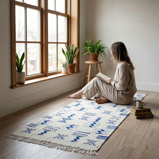 Tapis couloir Kilim Kadhena Azura écru à motifs bleus dans un coin lecture lumineux.