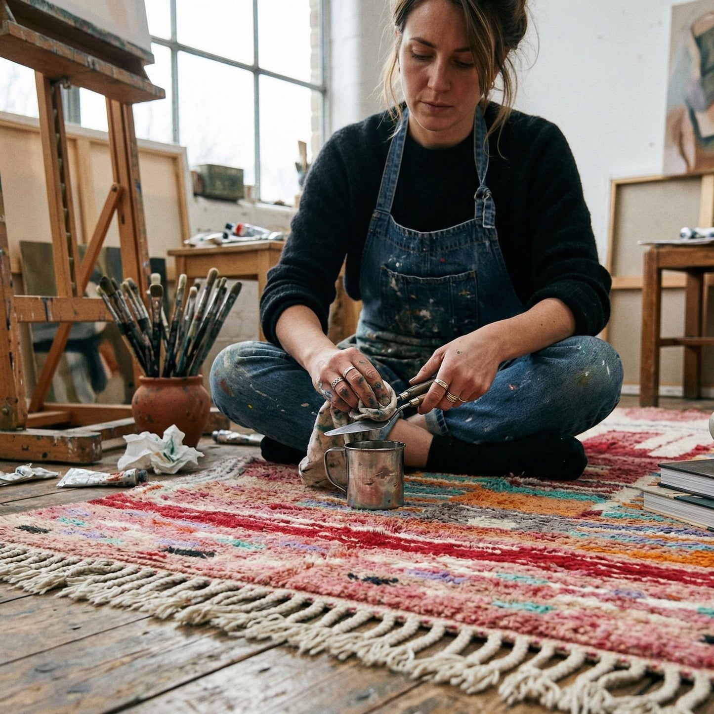 Tapis berbère artisanal Kadhena B25CLBO13 rose multicolore mis en scène dans un atelier.