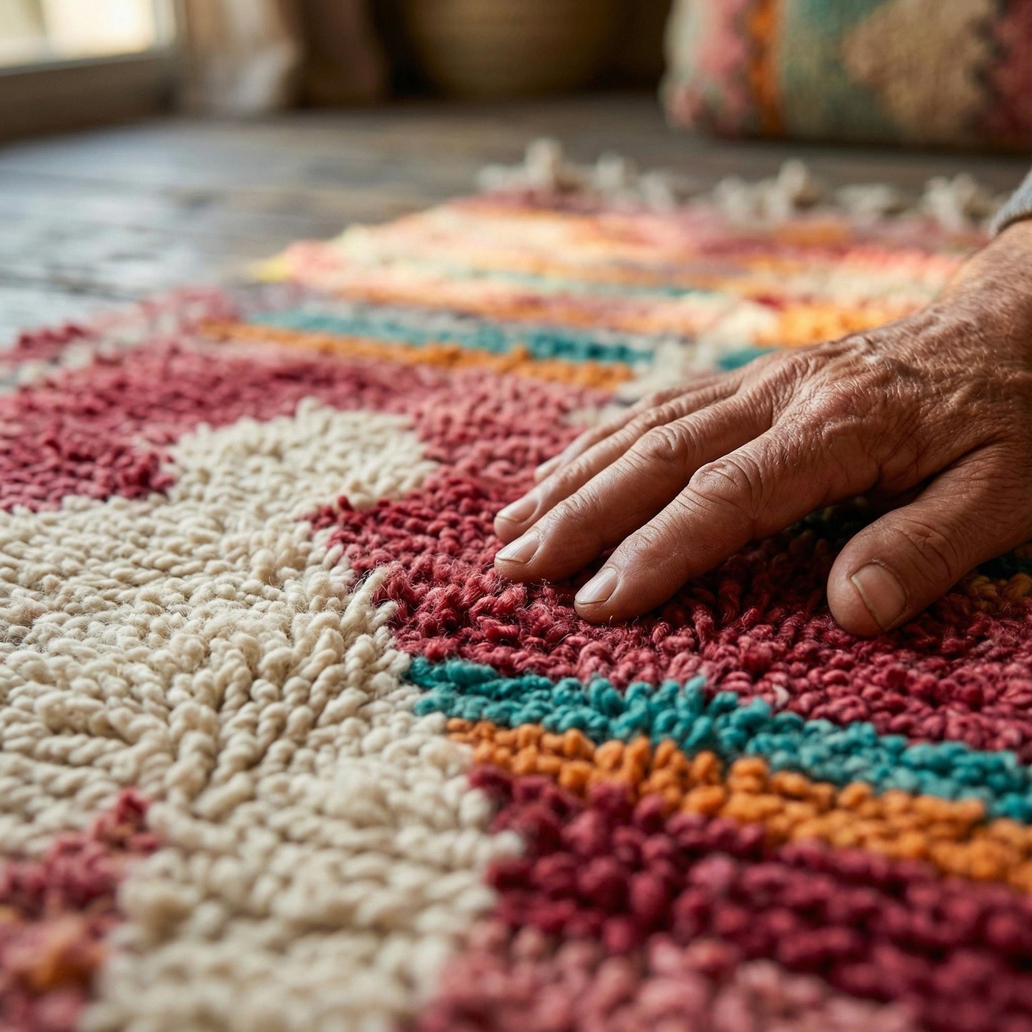 Main posée sur le tapis berbère Kadhena B25CLBO13 en laine rose multicolore, détail de la texture.