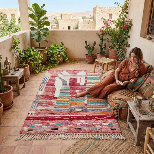 Tapis berbère marocain Kadhena B25CLBO13 rose multicolore en situation sur une terrasse.