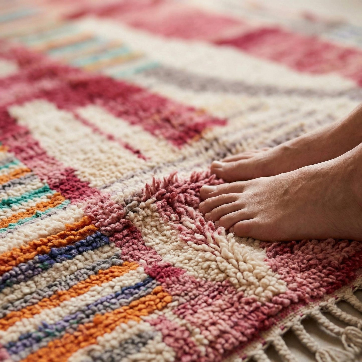 Pieds posés sur le tapis berbère Kadhena B25CLBO13 rose multicolore, mettant en avant son confort.