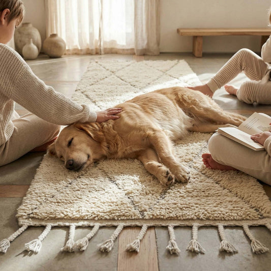Tapis couloir Béni Ouarain Kadhena Liora écru dans une chambre avec chien.