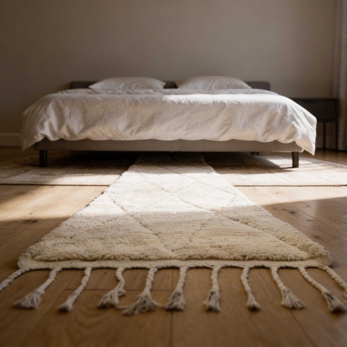 Tapis couloir Béni Ouarain Kadhena Liora écru au pied d’un lit.
