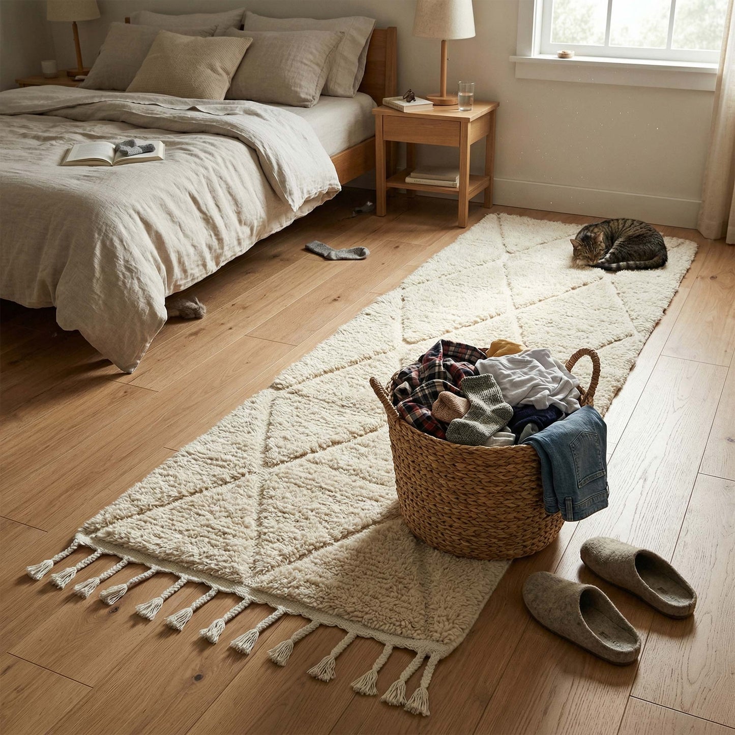 Tapis couloir Béni Ouarain Kadhena Liora écru dans un intérieur chaleureux avec enfants et chien.