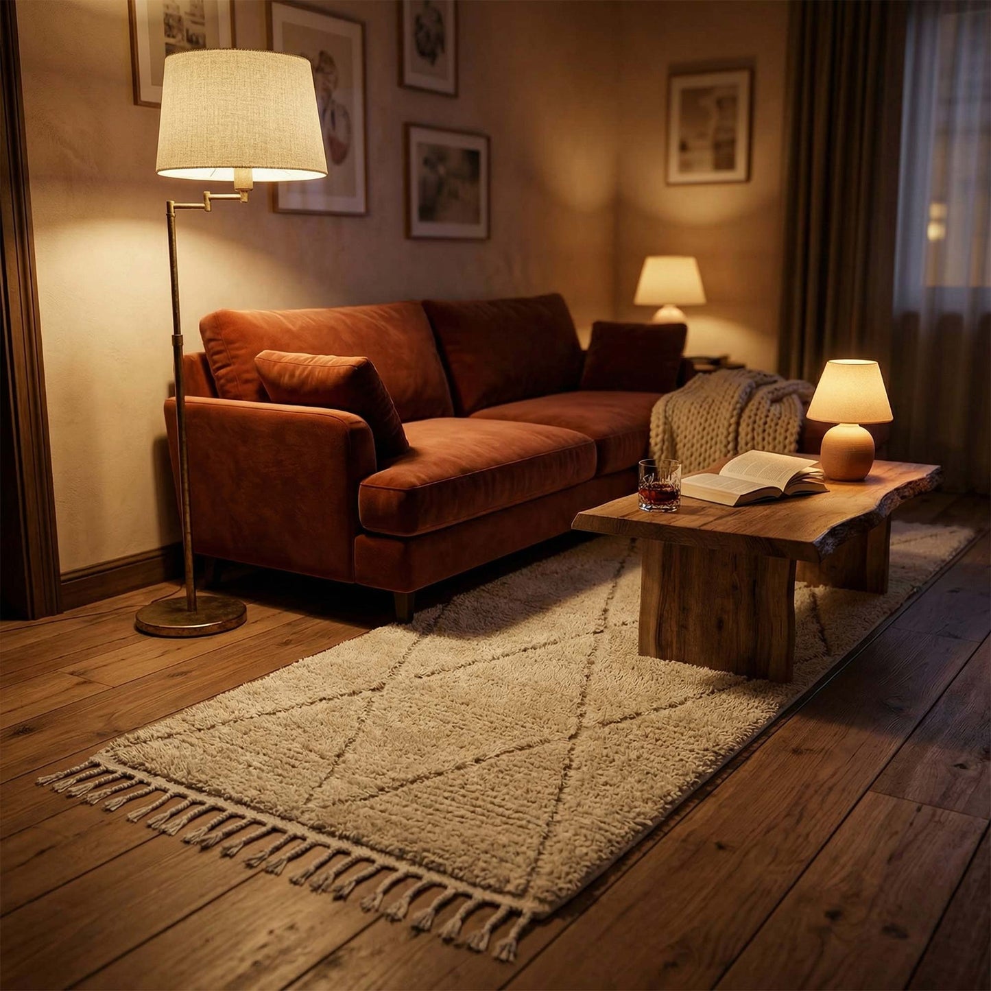 Tapis couloir Béni Ouarain Kadhena Liora écru dans un salon à lumière tamisée.