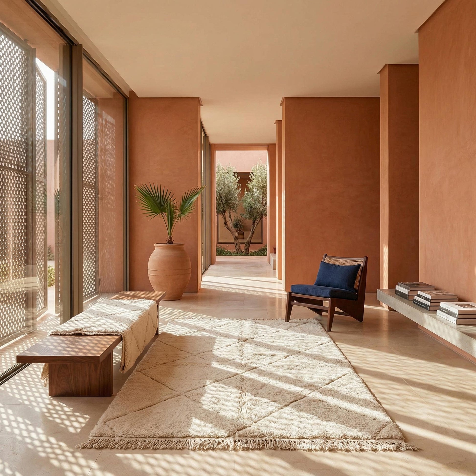 Tapis Béni Ouarain Kadhena Nahla écru à losanges dans un intérieur aux tons terracotta.