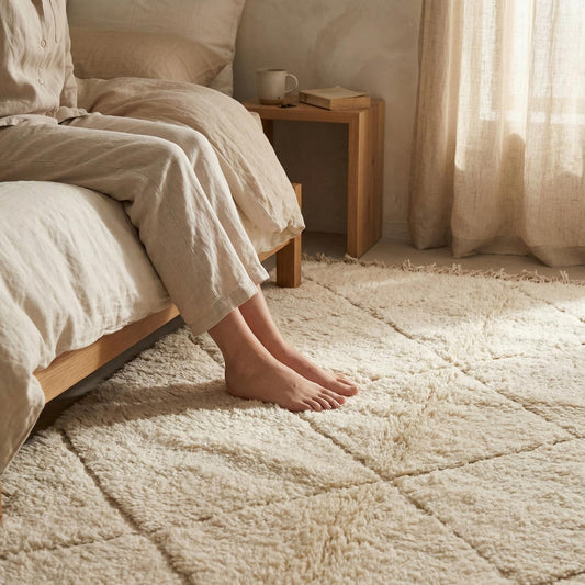 Tapis Béni Ouarain Kadhena Nahla écru à losanges au pied du lit.