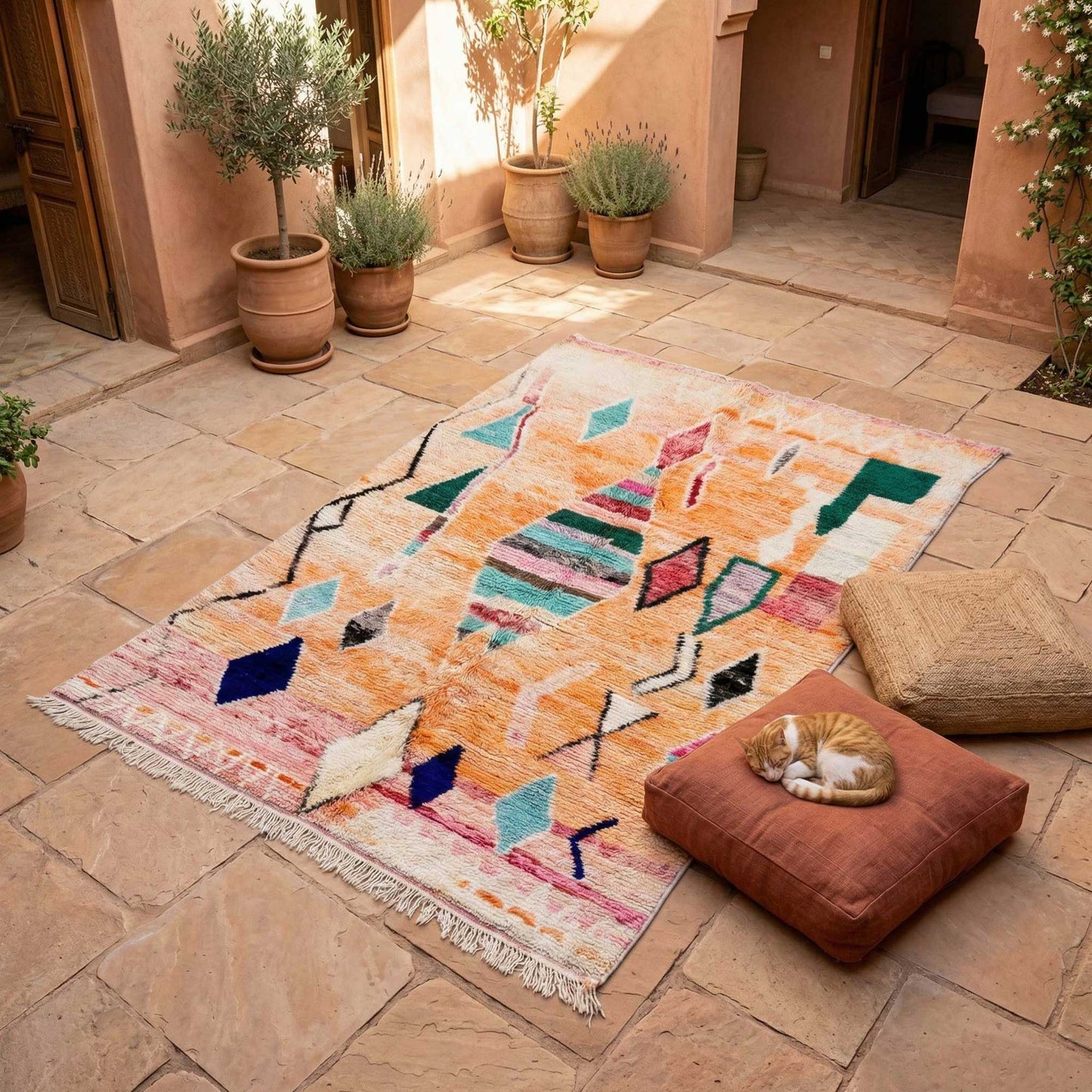 Tapis Boujaad Kadhena Nora aux motifs berbères sur une terrasse marocaine.