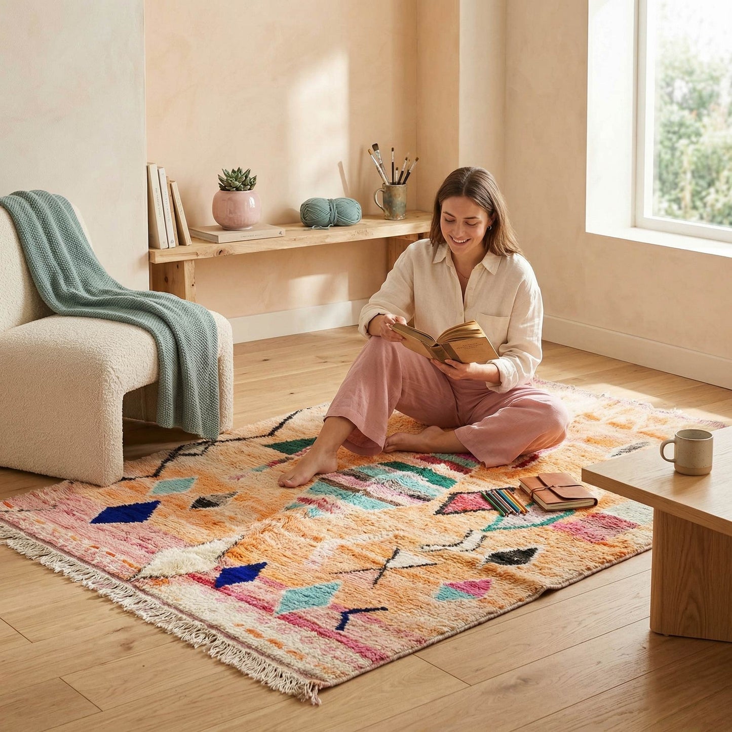 Tapis Boujaad Kadhena Nora dans un intérieur lumineux avec une lectrice assise dessus.