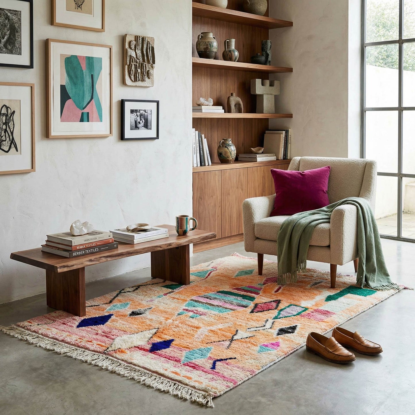 Tapis Boujaad Kadhena Nora aux tons pastel et motifs berbères dans un salon lumineux.