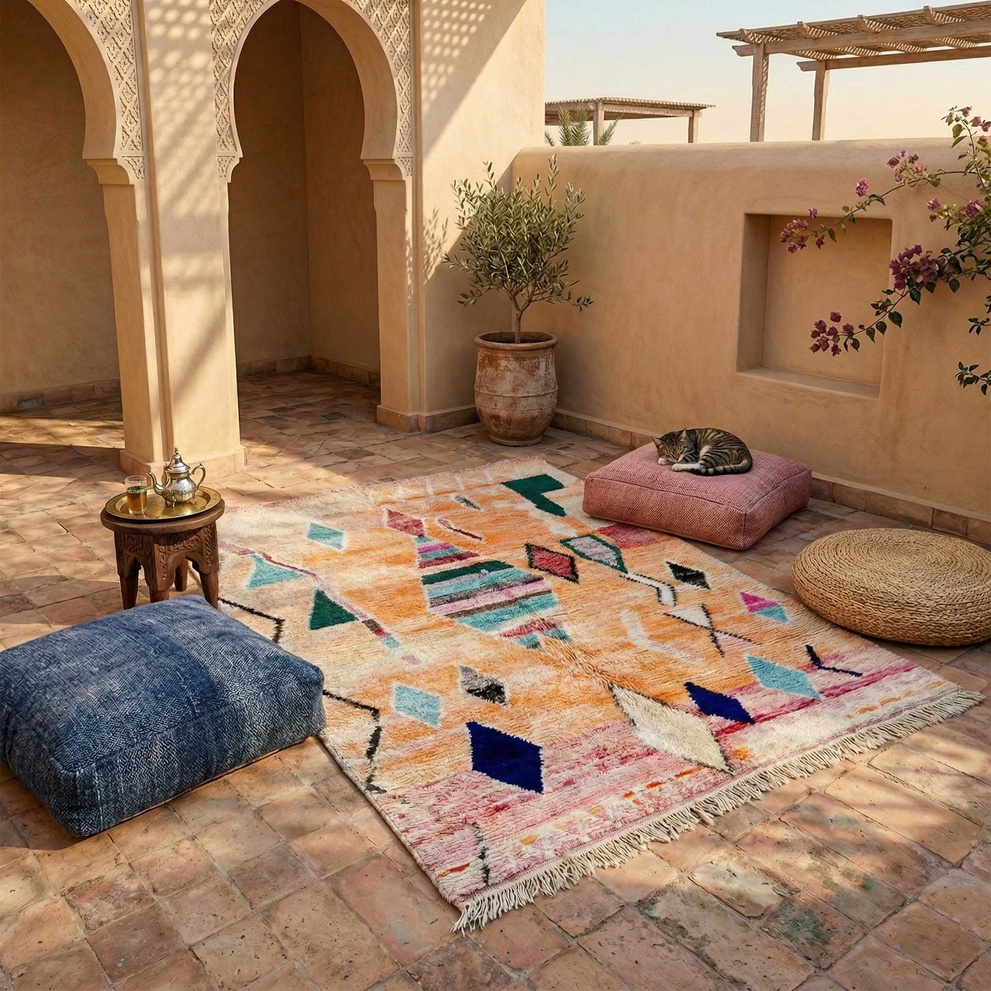 Tapis Boujaad Kadhena Nora disposé dans une cour extérieure aux tons terracotta.