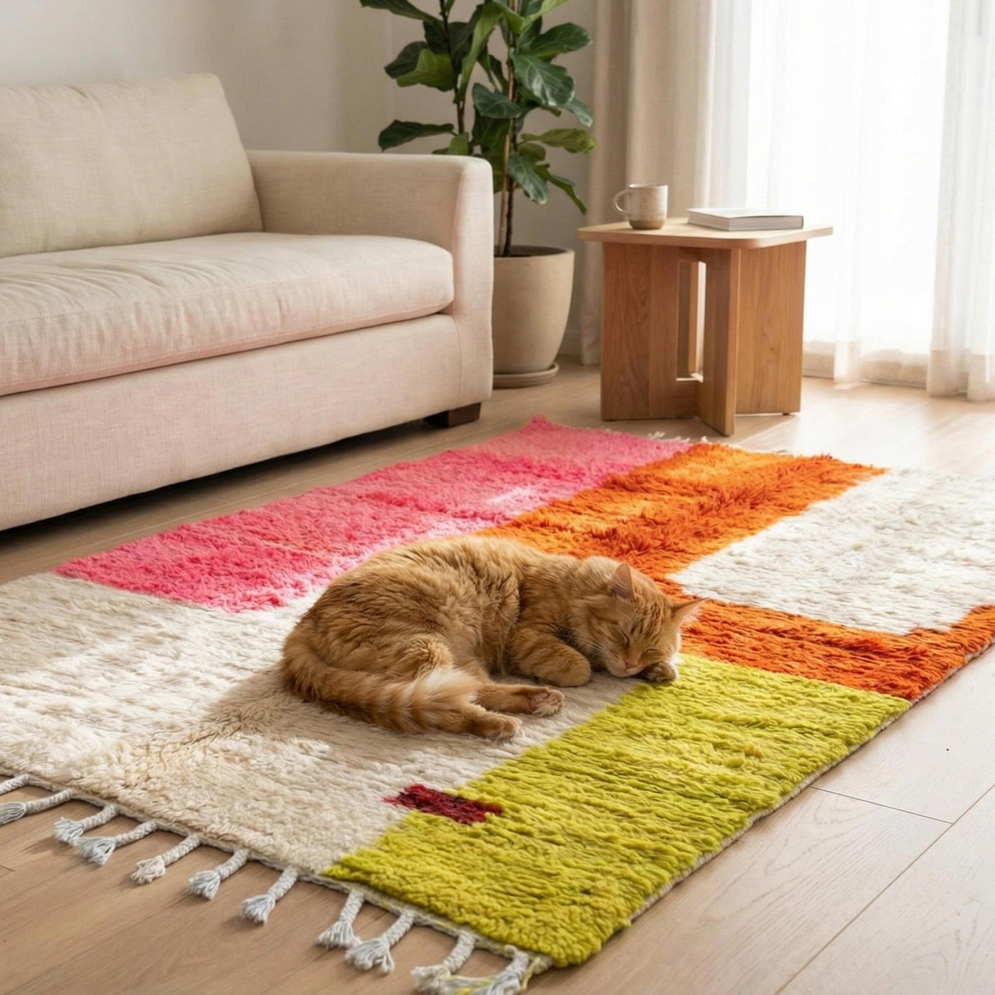 Chat roux allongé sur le tapis berbère Kadhena Paloma aux tons écru, rose, terracotta et vert acidulé.
