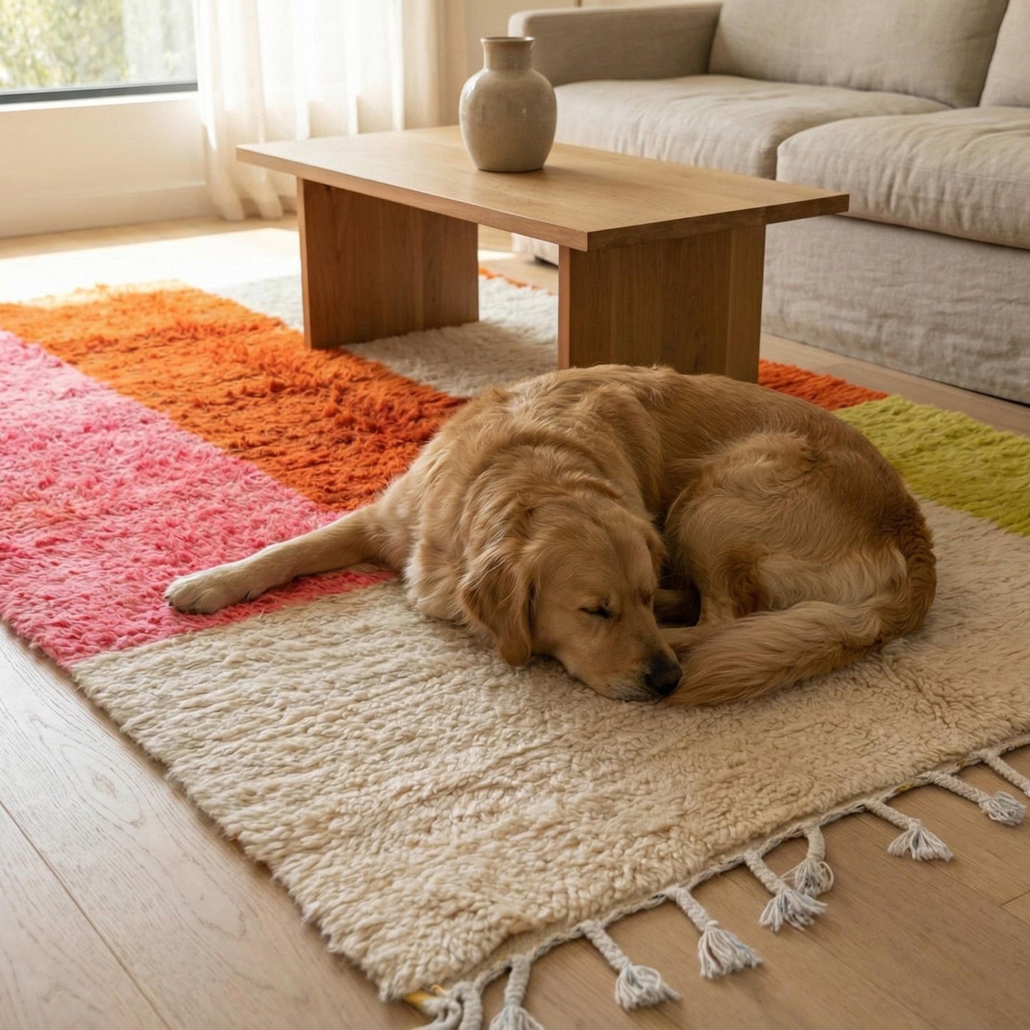 Chien allongé sur le tapis berbère Kadhena Paloma dans un salon clair et apaisant.