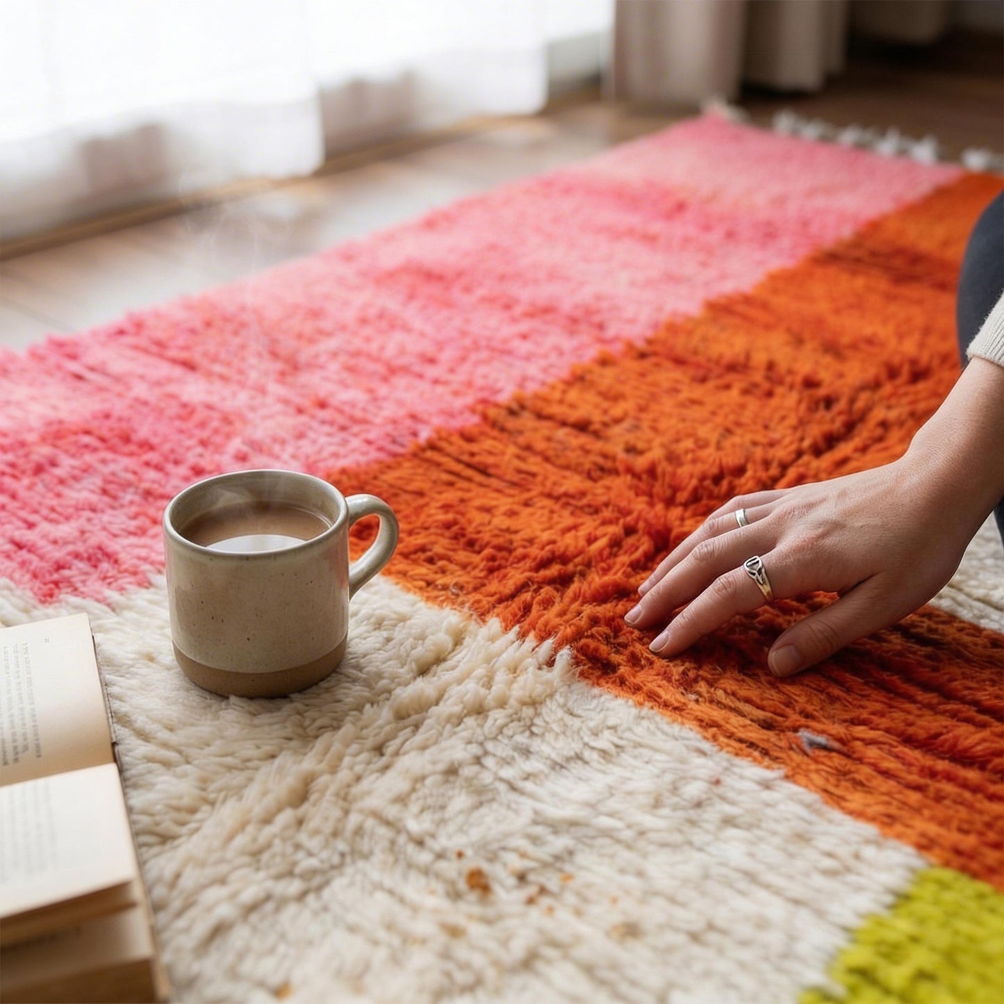 Tapis Azilal Kadhena Azura avec livre et tasse à café pour illustrer une ambiance cosy.