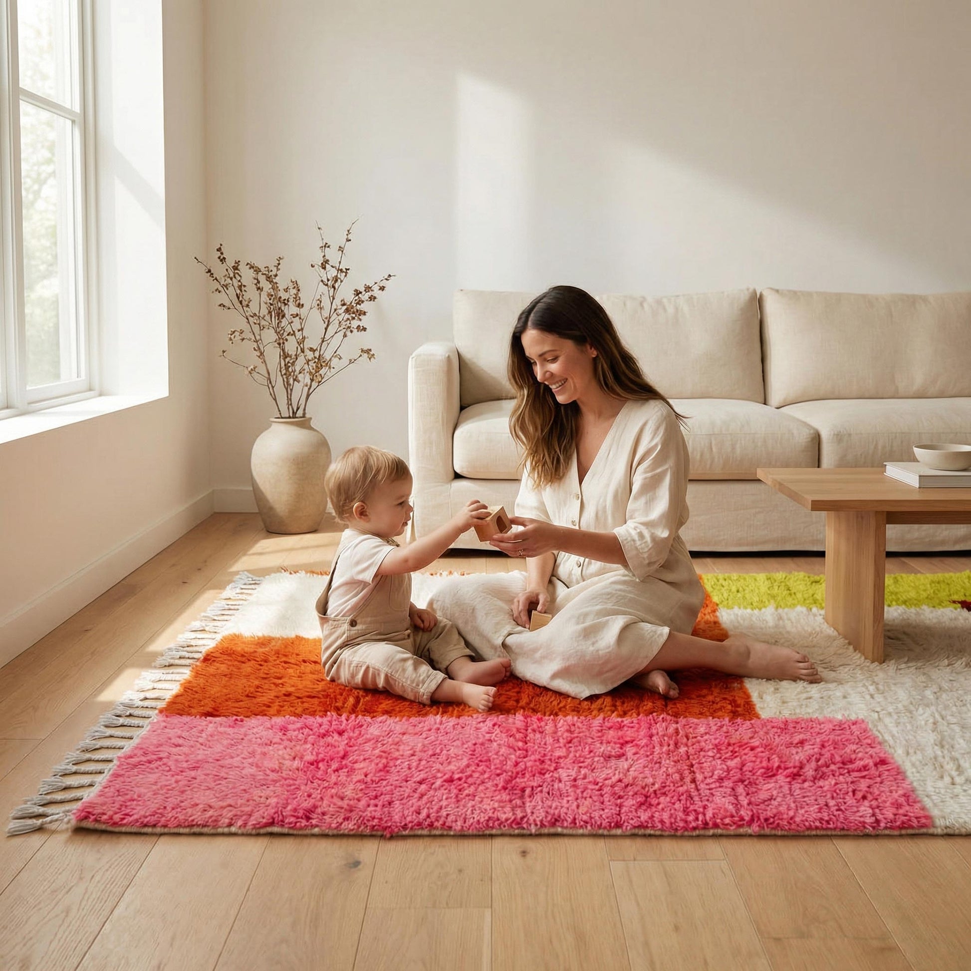 Mère et enfant assis sur le tapis berbère Kadhena Paloma pour illustrer un moment de douceur.