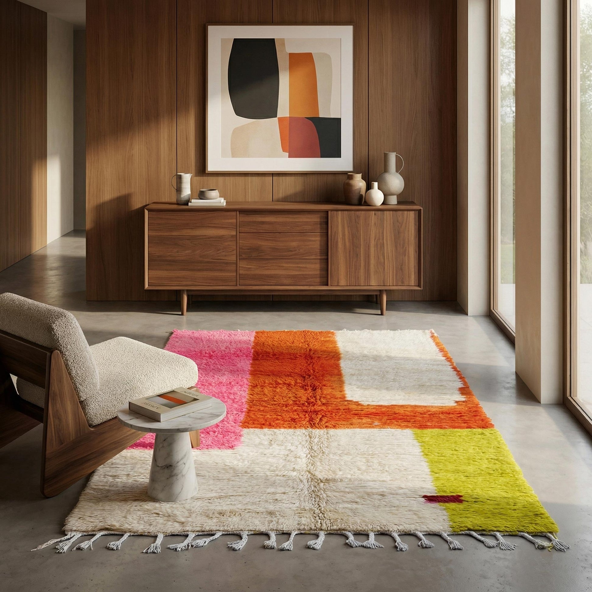 Tapis berbère Kadhena Paloma dans un intérieur design avec mobilier en bois foncé.