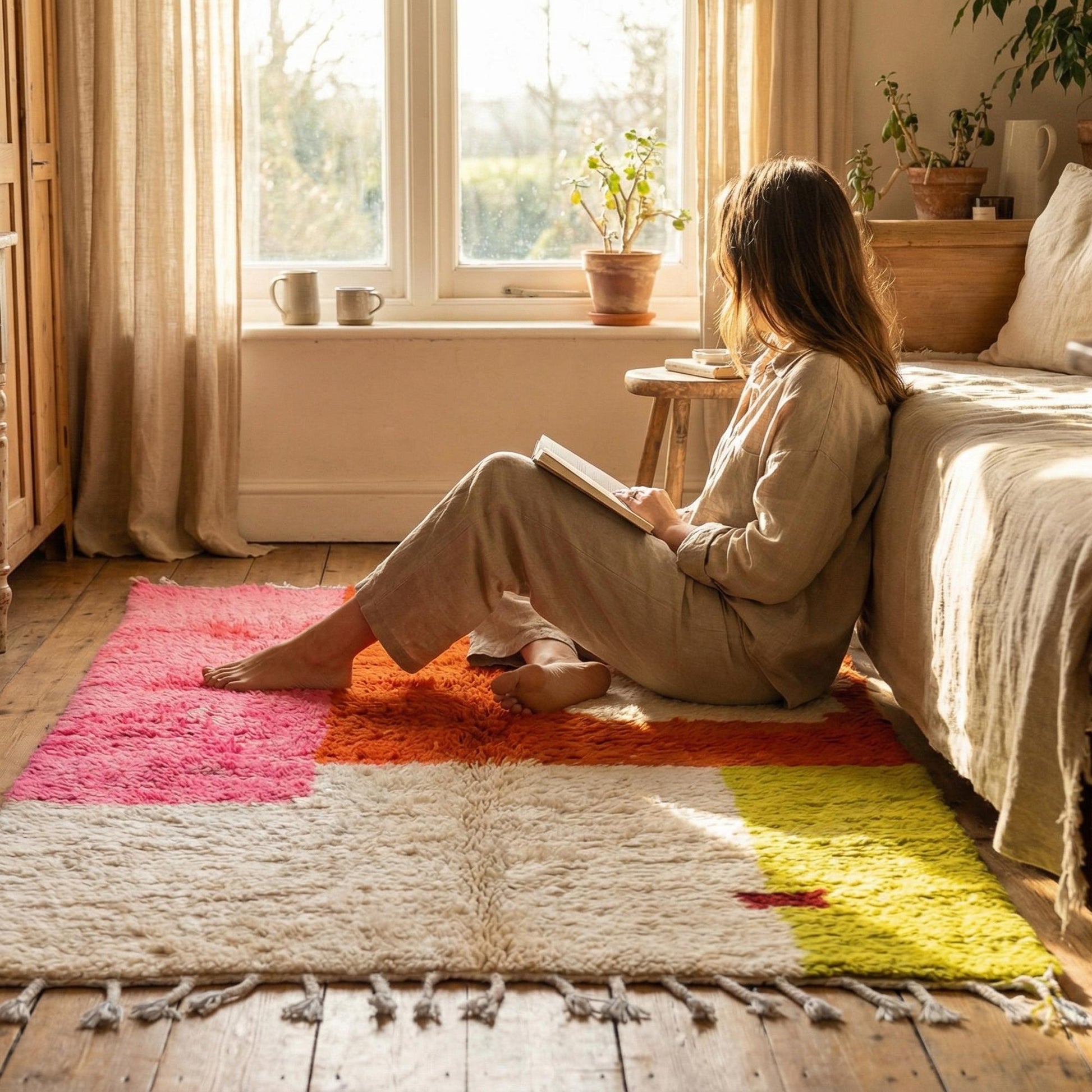 Femme lisant près du tapis berbère Kadhena Paloma dans une chambre lumineuse.