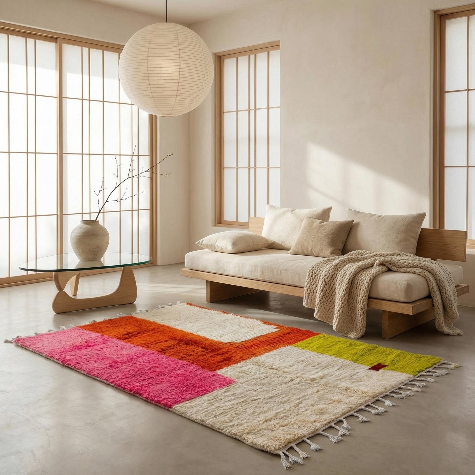 Tapis berbère Kadhena Paloma dans un salon lumineux au style naturel et contemporain.