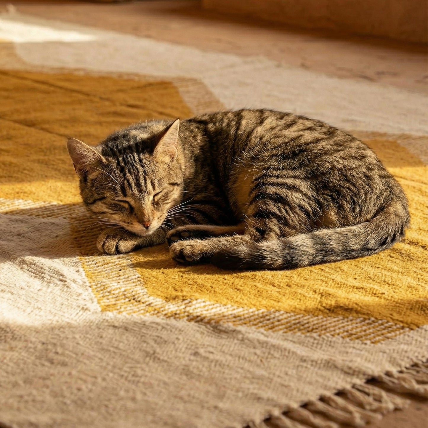 Chat allongé sur le tapis Kilim Kadhena Solène ivoire et moutarde au soleil.
