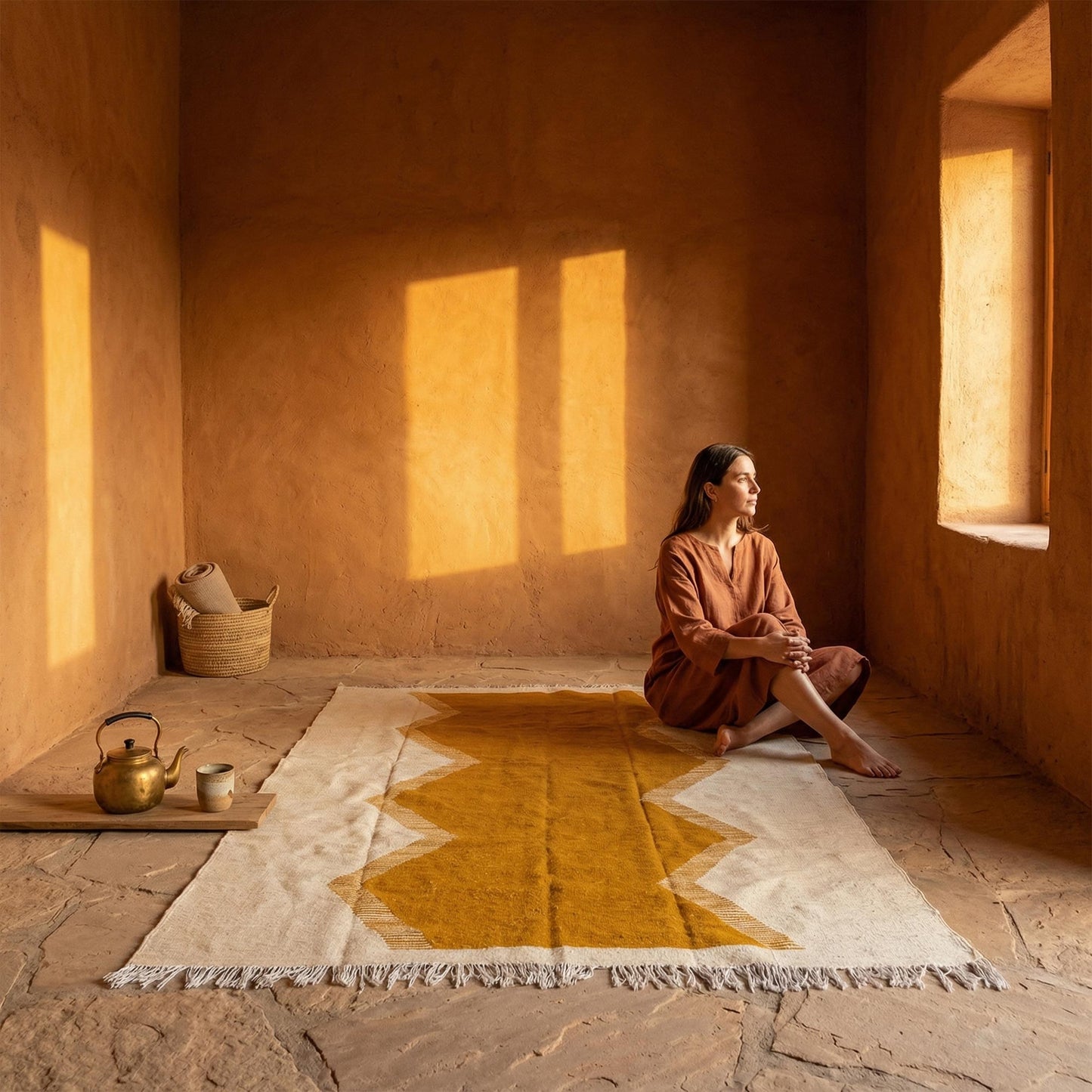 Tapis Kilim Kadhena Solène dans un intérieur ocre avec une femme assise dessus.