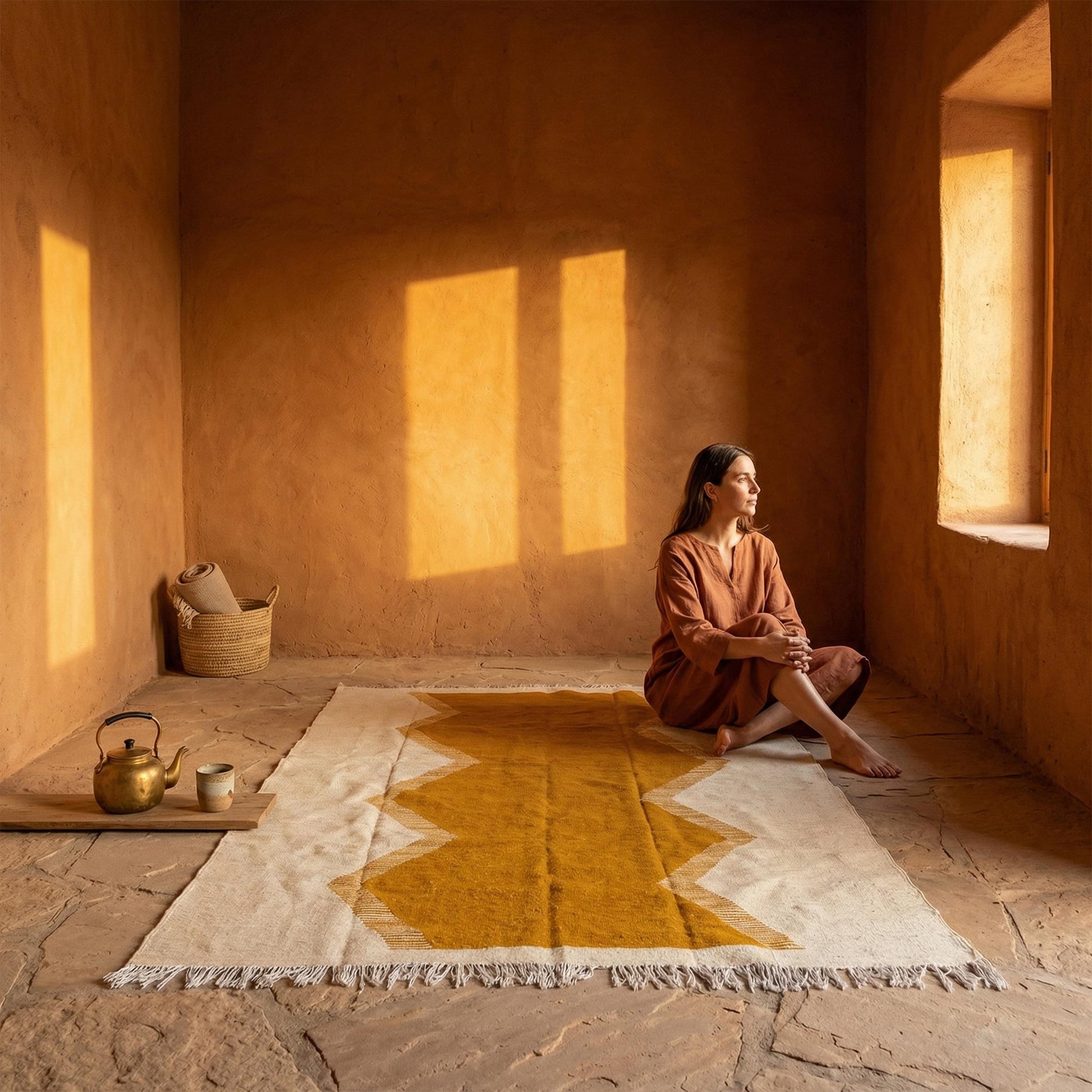 Tapis Kilim Kadhena Solène dans un intérieur ocre avec une femme assise dessus.