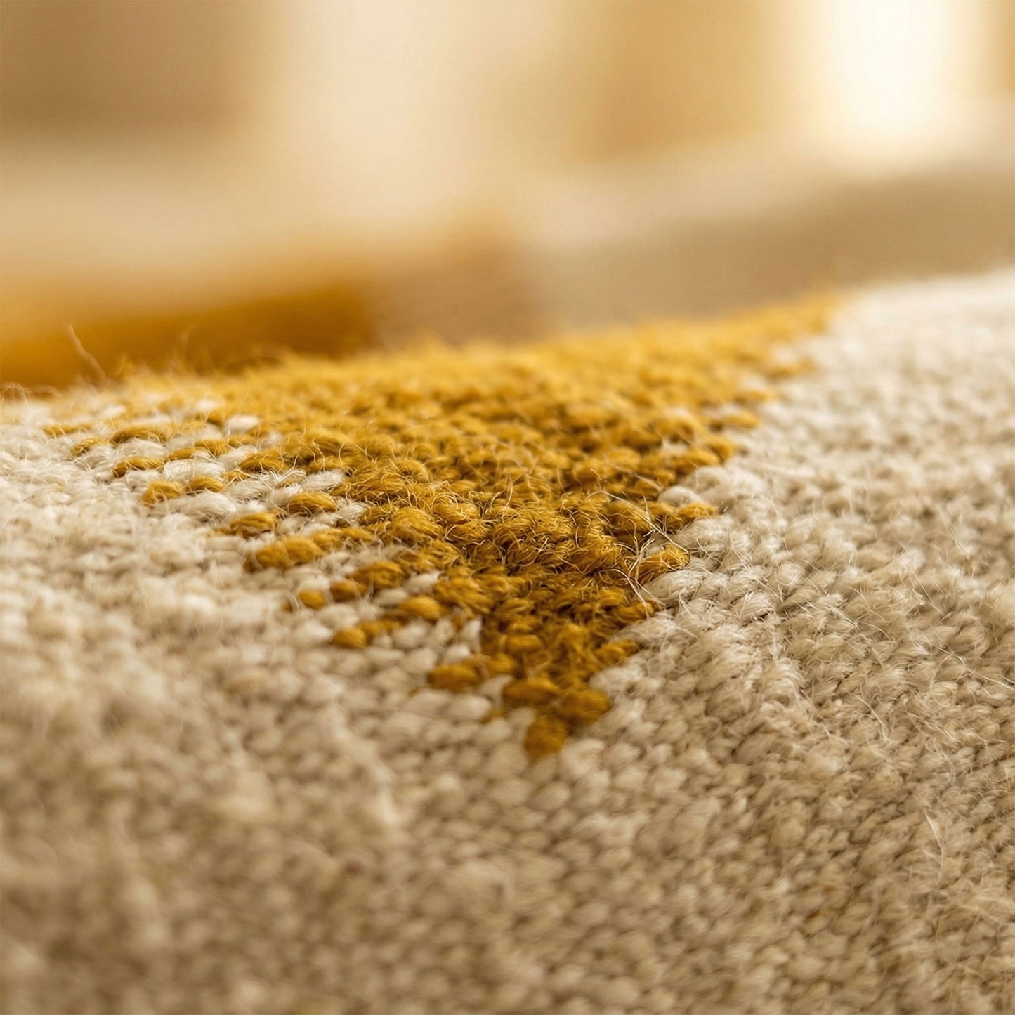 Macro sur la texture naturelle du tapis Kilim Kadhena Solène ivoire et moutarde.