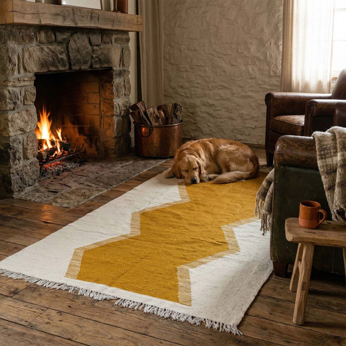 Tapis Kilim Kadhena Solène ivoire et moutarde dans un salon rustique avec cheminée.