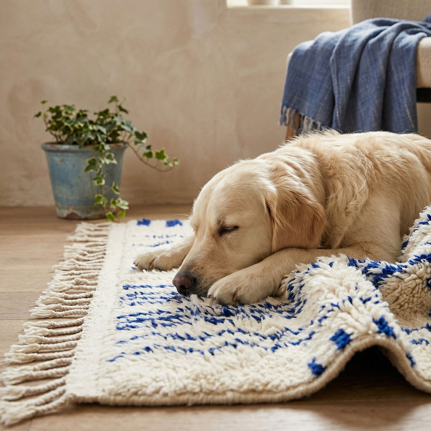 Chien allongé sur le tapis Azilal Kadhena Ysée dans une ambiance douce et chaleureuse.