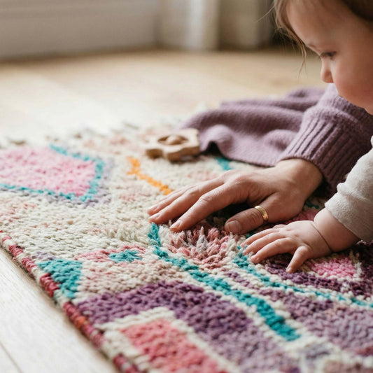 Main d’un enfant posée sur le tapis berbère Kadhena Zélie pour montrer sa douceur.
