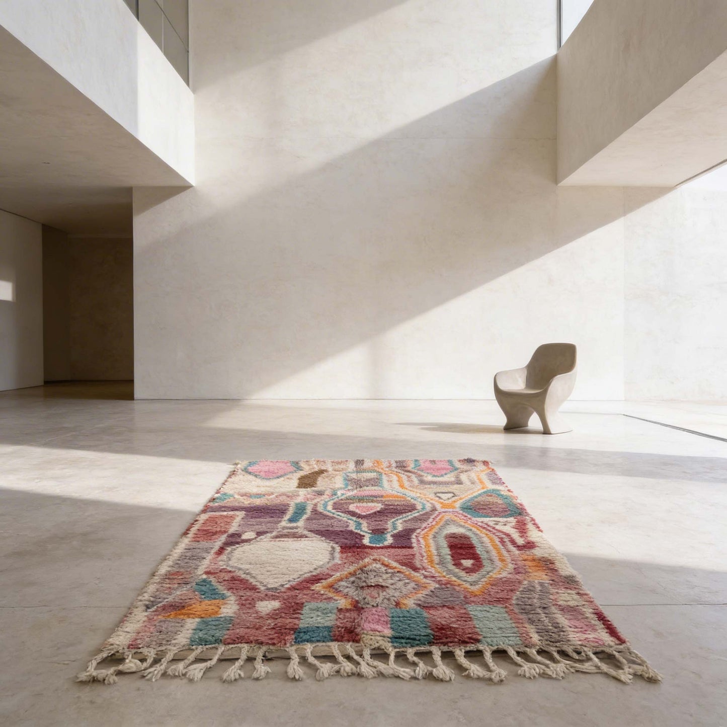 Tapis berbère Kadhena Zélie dans un intérieur minimaliste baigné de lumière.