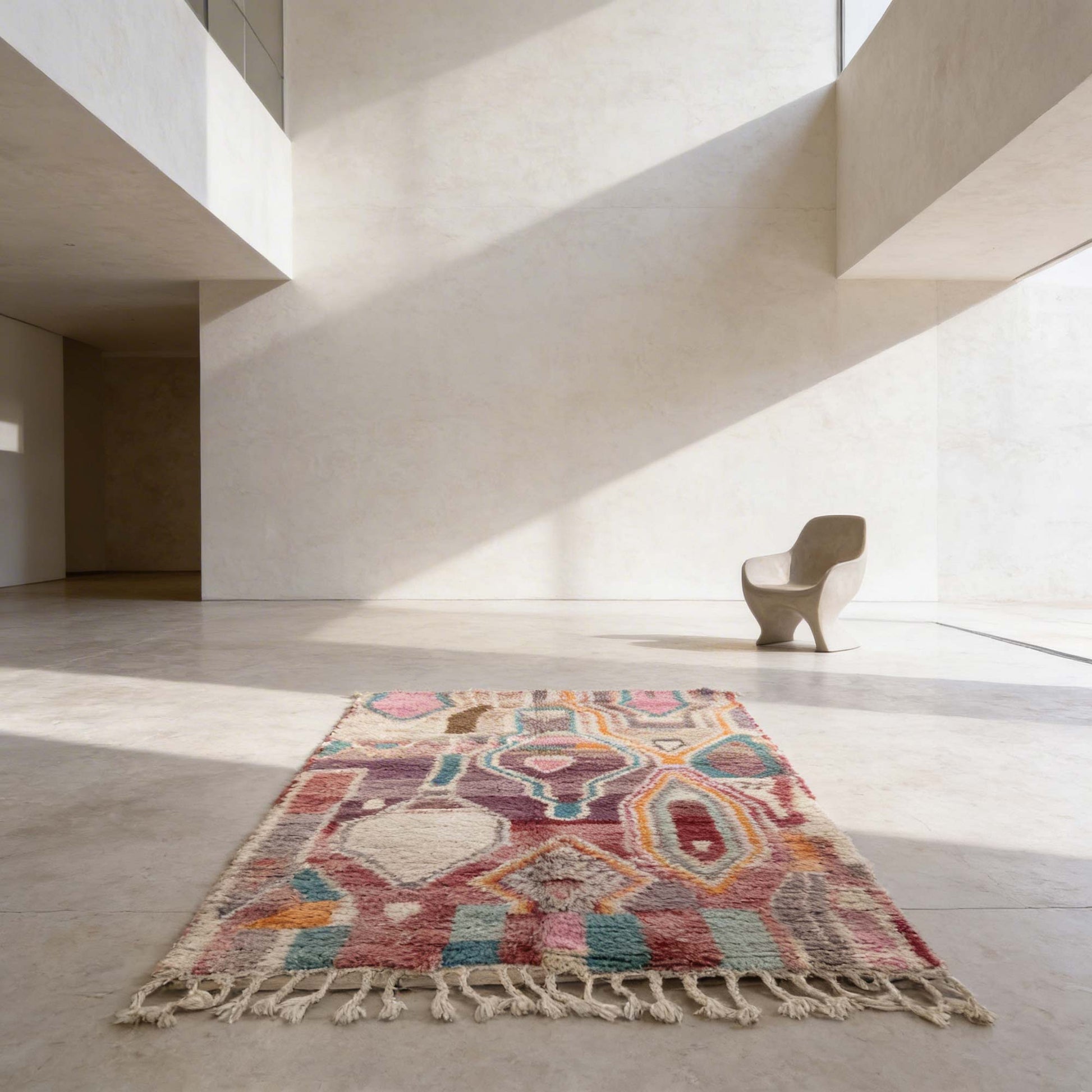 Tapis berbère Kadhena Zélie dans un intérieur minimaliste baigné de lumière.