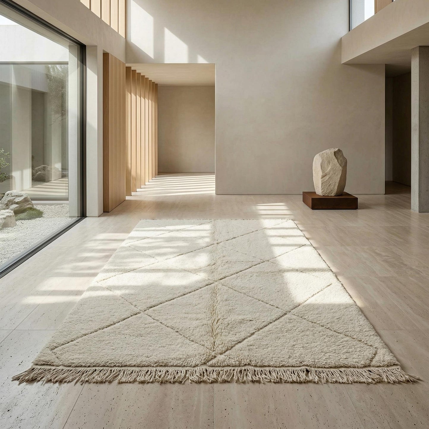 Tapis Béni Ouarain Kadhena Nahla écru à losanges dans un intérieur lumineux.